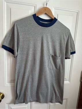 Men's Gray Ringer Pocket Tee with Navy Trim Vintage Montgomery Ward